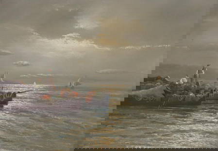 REMO TESTA (ITALIAN, 20TH C.) PAINTING, FISHING BOATS AT SEA, 20" X 28": Framed Italian School oil on canvas painting, Fishing Boats at Sea, signed lower right Remo Testa (Italian, 20th c.), sight: approx 19.25&quot;h, 27.25&quot;w, overall: 28&quot;h, 36&quot;w, 10lbs