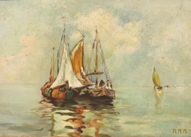 ITALIAN SCHOOL OIL ON PANEL PAINTING FISHING BOATS