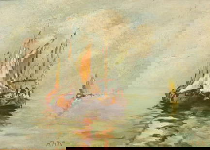 ITALIAN SCHOOL OIL ON PANEL PAINTING FISHING BOATS: Framed oil on wood panel painting, Fishing Boats, initialed lower right AMM, sight: approx 9&quot;h, 12.5&quot;w, overall: 16.25&quot;h, 19.75&quot;w, 4.25lbs