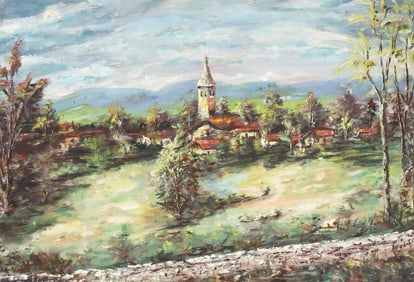 FRAMED ITALIAN SCHOOL OIL PAINTING, IMPRESSIONIST VILLAGE LANDSCAPE