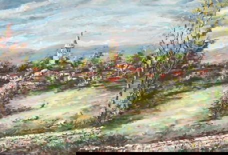 FRAMED ITALIAN SCHOOL OIL PAINTING, IMPRESSIONIST VILLAGE LANDSCAPE: Framed Italian School oil painting, Impressionist Village View with Church Steeple, signed illegibly lower left, canvas laid on board, sight: approx 22.75&quot;h, 33&quot;w, overall: 29.25&quot;h, 39.