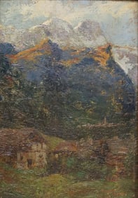 ITALIAN SCHOOL PANEL PAINTING ALPINE MOUNTAIN LANDSCAPE