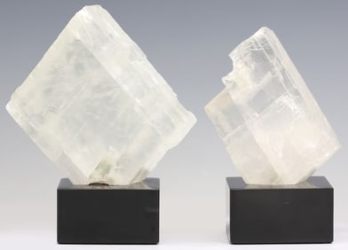 (2) GEOLOGICAL OPTIC CALCITE SPECIMENS ON BLACK MARBLE BASES