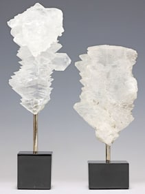 (2) GEOLOGICAL FISHTAIL SELENITE SPECIMENS ON BLACK MARBLE BASES