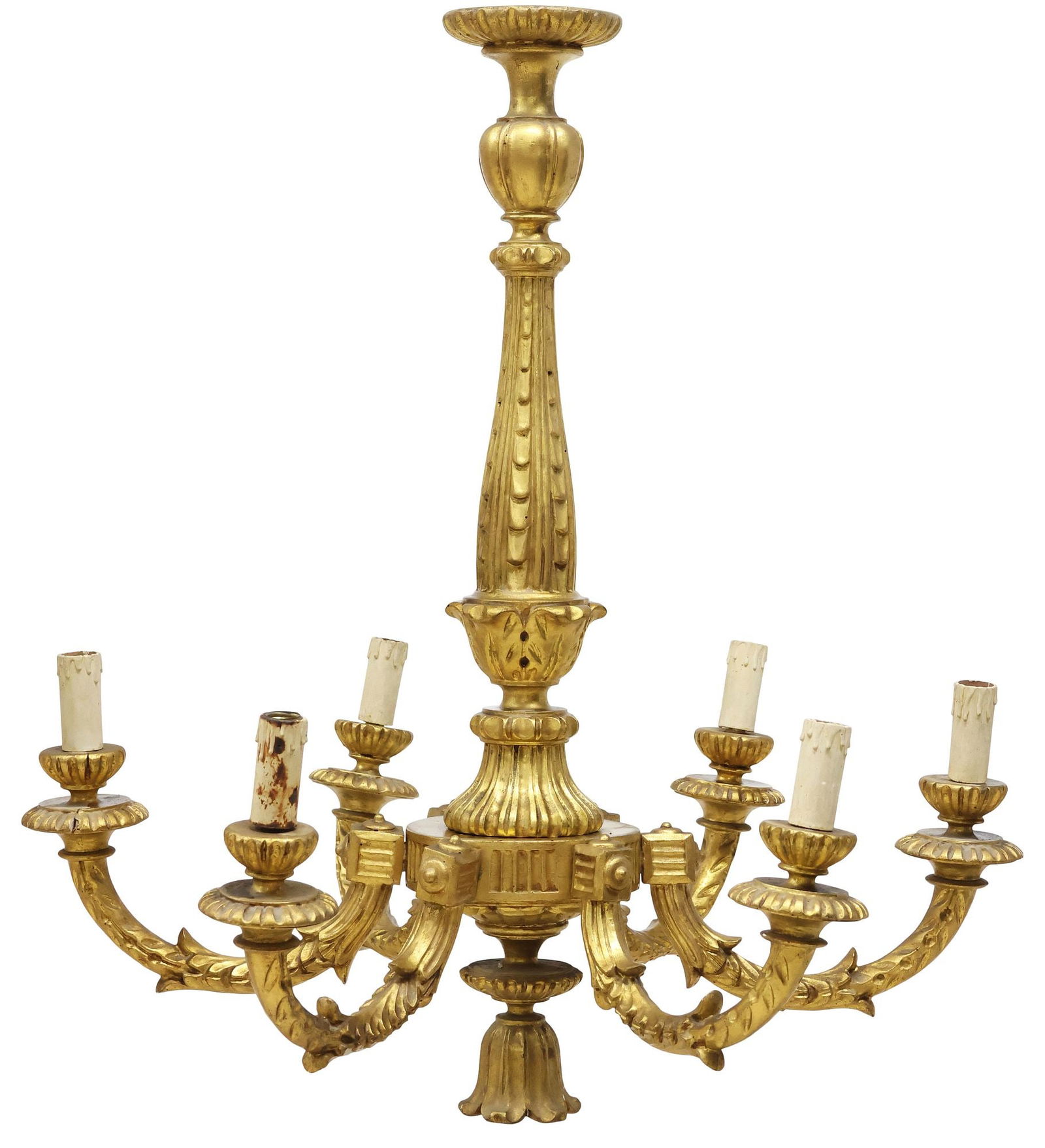 ITALIAN GILTWOOD SIX-LIGHT CHANDELIER: Italian giltwood six-light chandelier, early 20th c., having turned and fluted standard with carved foliate accents, issuing six scrolled arms, each terminating on faux candle, in need of wiring, appr