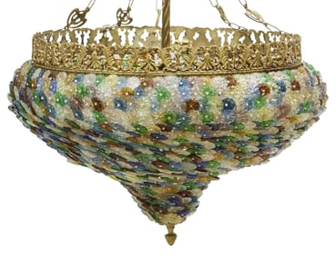 GILT METAL & COLORED GLASS 2-LIGHT HANGING CHANDELIER