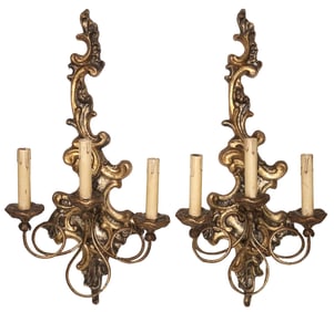 (2) ITALIAN LOUIS XV STYLE SILVER GILT 3-LIGHT WALL SCONCES