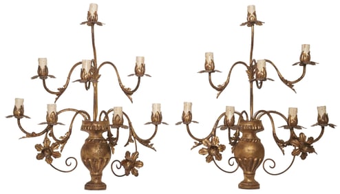 (2) ITALIAN FLORAL GILT IRON 8-LIGHT WALL SCONCES