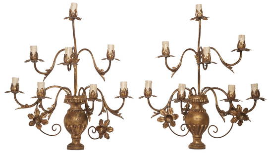 (2) ITALIAN FLORAL GILT IRON 8-LIGHT WALL SCONCES: (pair) Italian gilt iron eight-light wall sconces, 20th c., each having vasiform standard, issuing eight scrolled arms, terminating on floral bobeches and faux candles, in need of wiring, approx 23.75
