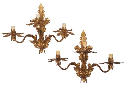 (2) LOUIS XV STYLE GILT IRON SCROLLED FOLIATE 3-LT WALL SCONCES