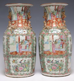 (2) CHINESE CANTON FAMILLE ROSE ENAMELED PORCELAIN BALUSTER VASES