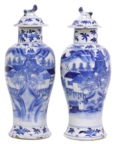 (2) CHINESE BLUE & WHITE PORCELAIN VASES & COVERS