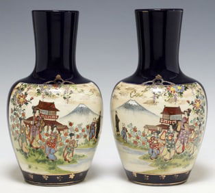(2) JAPANESE SATSUMA STYLE COBALT BOTTLE VASES