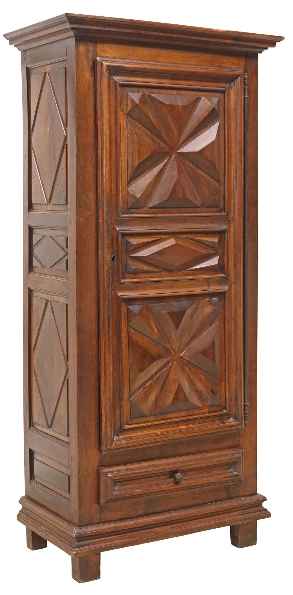 FRENCH LOUIS XIII STYLE CARVED WALNUT BONNETIERE: French Louis XIII style carved walnut bonnetiere, early 20th c., having stepped cornice, over one cabinet door with raised geometric motif panels, revealing fixed-height shelves, above one drawer