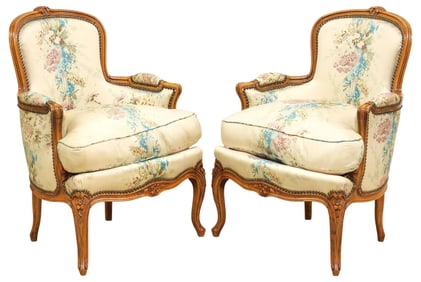 (2) FRENCH LOUIS XV STYLE SILK-UPHOLSTERED BERGERES