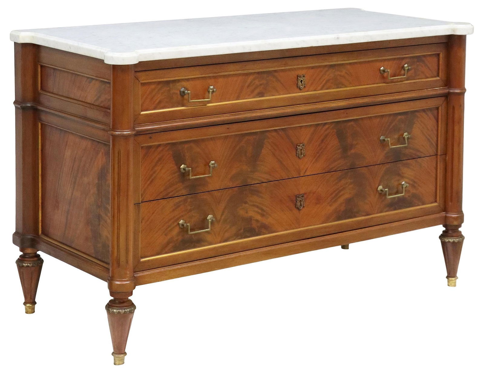 FRENCH LOUIS XVI STYLE MARBLE-TOP FLAME MAHOGANY COMMODE (1 of 5)