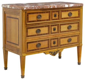 NEOCLASSICAL STYLE MARBLE-TOP & PARQUETRY-BANDED COMMODE