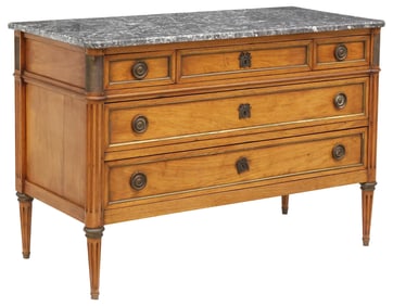 FRENCH LOUIS XVI STYLE MARBLE-TOP WALNUT COMMODE