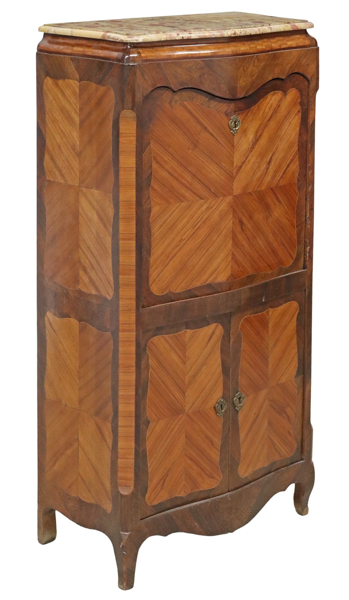 FRENCH LOUIS XV STYLE ROSEWOOD SECRETAIRE A ABATTANT: French Louis XV style rosewood fall-front desk, early 20th c., shaped marble top, panel enclosing an inset writing surface, fitted interior gallery, above a double-door cabinet with a single fixed-hei