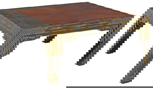 DREXEL HERITAGE (ATTRIB.) CHINOISERIE BLACK LACQUERED COFFEE TABLE: Chinoiserie black-lacquered coffee table, attributed to Drexel Heritage, late 20th c., having matched-veneer square top, encased by polychrome and parcel-gilt fretwork and landscape motifs, rising on