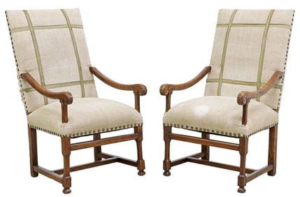 (2) FRENCH LOUIS XIV STYLE UPHOLSTERED HIGHBACK FAUTEUILS