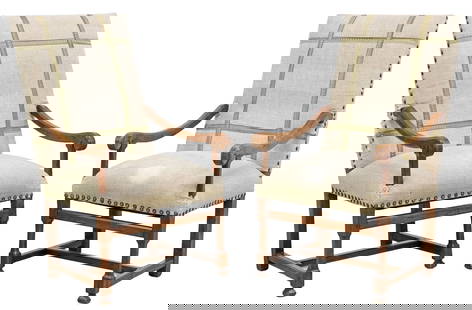 (2) FRENCH LOUIS XIV STYLE UPHOLSTERED HIGHBACK FAUTEUILS: (pair) French Louis XIV style fruitwood armchairs/ fauteuils, 19th c., each having padded back and seat in later burlap upholstery, with metallic thread ribbon accents, finished with nailhead trim,&nb