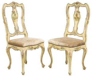 (2) VENETIAN PAINTED & LACCA POVERA DECORATED SIDE CHAIRS: (pair) Venetian Rococo style cream-painted side chairs, 20th c., shell crest, vasiform splat decorated with&nbsp;&quot;lacca povera&quot; figure, close-nailed velvet-upholstered seat, on cabriole legs