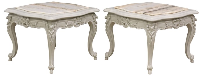 (2) LOUIS XV STYLE MARBLE-TOP GRAY-PAINTED SIDE TABLES