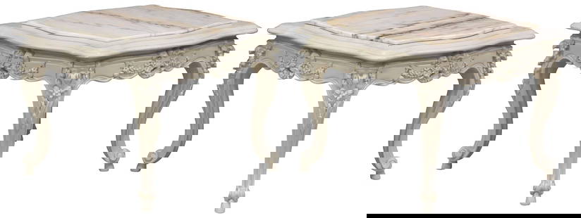 (2) LOUIS XV STYLE MARBLE-TOP GRAY-PAINTED SIDE TABLES: (pair) Louis XV style gray-painted side tables, 20th c., having inset marble tops, over apron with carved floral foliate motifs, rising on cabriole supports, ending on whorl feet, approx 17.75&quot;h,