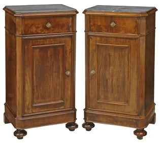 (2) ITALIAN MARBLE-TOP WALNUT BEDSIDE CABINETS