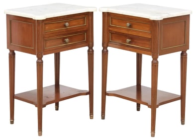 (2) FRENCH LOUIS XVI STYLE MARBLE-TOP MAHOGANY BEDSIDE TABLES