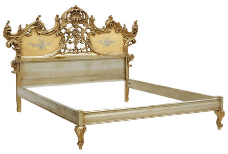 ITALIAN BAROQUE STYLE SILVER GILT & PAINT-DECORATED BED: Italian Baroque style silver gilt and paint-decorated bed, 20th c., having pierced headboard with scrolled rocaille crest, above two shaped panels with painted floral bouquets, joining straight footbo