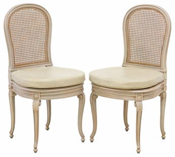 (2) LOUIS XV STYLE GREY-WASHED CANE SIDE CHAIRS: (pair) Louis XV style grey-washed side chairs, 20th c., cane back and seat, removable leather seat cushion, on cabriole legs headed by an acanthus, approx 37.5&quot;h, 18.5&quot;w, 19&quot;d, seat hei