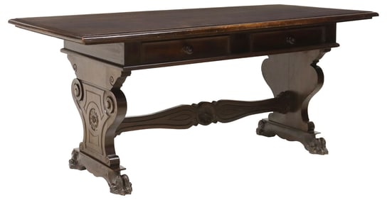 ITALIAN RENAISSANCE REVIVAL CARVED WALNUT LIBRARY TABLE / DESK