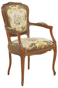 FRENCH LOUIS XV STYLE NEEDLEWORK UPHOLSTERED FAUTEUIL: French Louis XV style armchair, early 20th c., padded back, arms and seat covered in close-nailed gros and petit-point needlework, on cabriole legs, approx 36.25&quot;h, 23.5&quot;w, 21&quot;d, seat h