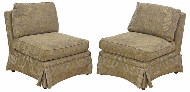 (2) SHERRILL FURNITURE UPHOLSTERED SLIPPER CHAIRS: (pair) Contemporary upholstered slipper chairs, Sherrill Furniture, late 20th c., loose back and seat cushions, skirted base, tapering square-section wood legs, approx 31.5&quot;h, 28&quot;w, 39.5&quo