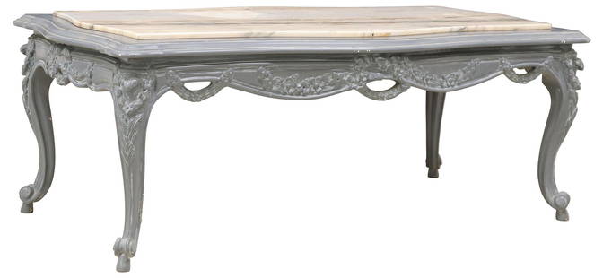 LOUIS XV STYLE GRAY-PAINTED COFFEE TABLE: Louis XV style gray-painted coffee table, 20th c., inset marble top, on cabriole legs, approx 17.5&quot;h, 47&quot;w, 24.5&quot;d