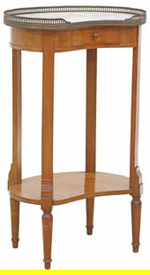 FRENCH LOUIS XVI STYLE MARBLE-TOP SIDE TABLE: French Louis XVI style mahogany side table, early 20th c., kidney form, pierced metal gallery enclosing the marble top, single frieze drawer, conforming undertier, on turned legs, approx 29"h, 17.75"w