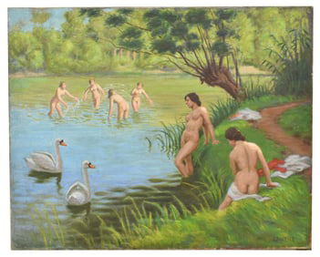 LEON EMILE BOURLIER (FRENCH, 19TH/20TH C.) PAINTING, BATHERS W/ SWANS