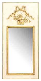 FRENCH LOUIS XVI STYLE PARCEL-GILTWOOD PAINTED TRUMEAU MIRROR: French Louis XV style parcel-giltwood and white-painted trumeau mirror, 20th c., having ribbon motif above basket of fruit, central molded rectangular frame, encasing beveled mirror plate, verso retai
