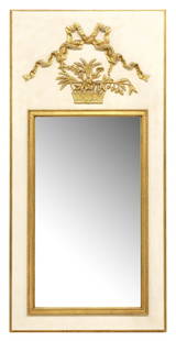 FRENCH LOUIS XVI STYLE PARCEL-GILTWOOD PAINTED TRUMEAU MIRROR: French Louis XV style parcel-giltwood and white-painted trumeau mirror, 20th c., having ribbon motif above basket of fruit, central molded rectangular frame, encasing beveled mirror plate, verso retai