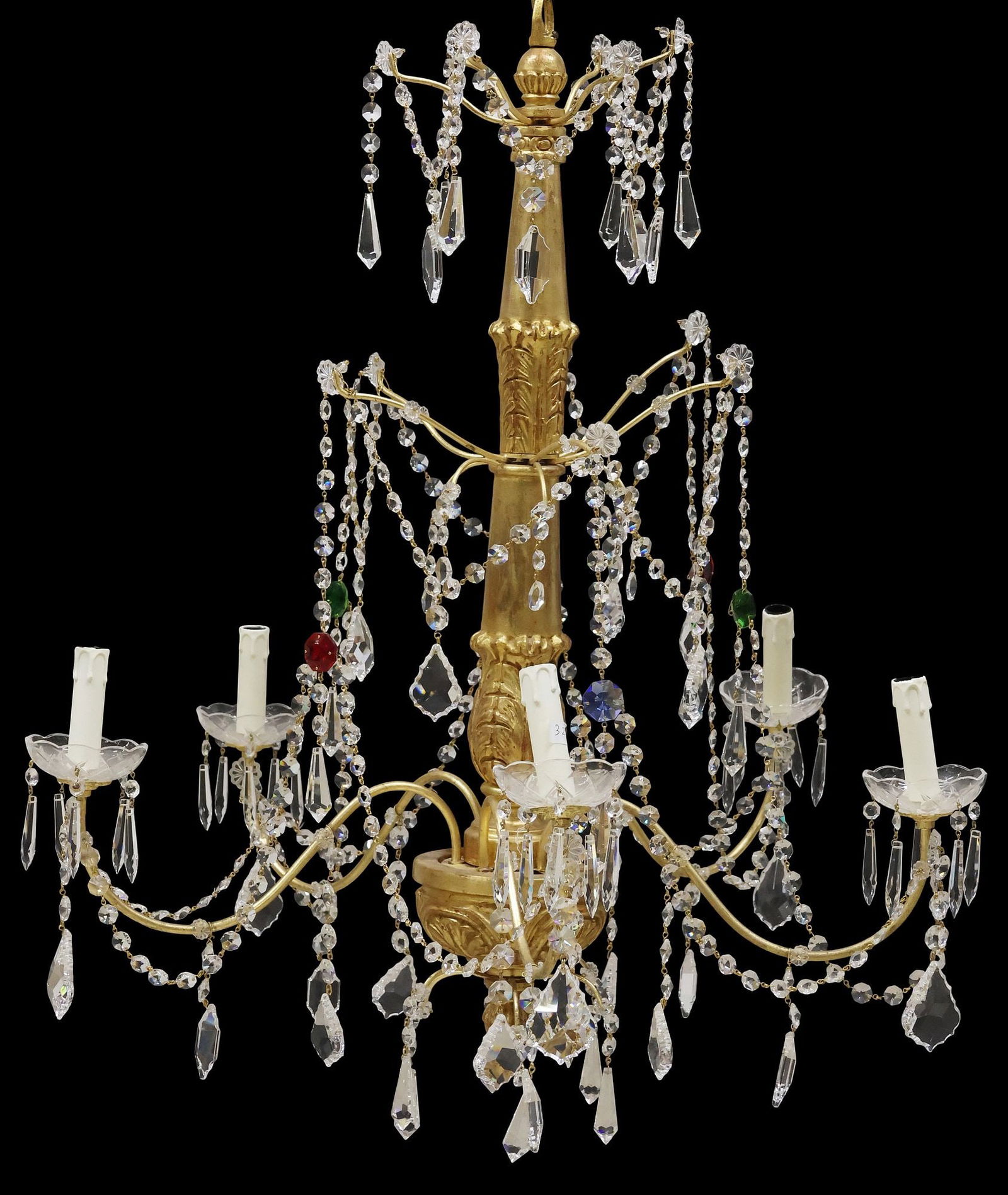 ITALIAN GILTWOOD & COLORED CRYSTAL 5-LIGHT CHANDELIER (1 of 4)