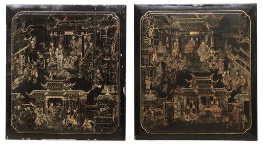 (2) CHINESE EXPORT BLACK & GILT LACQUER PANELS