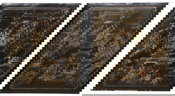 (2) CHINESE EXPORT BLACK & GILT LACQUER PANELS: (lot of 2) Chinese Export black lacquer panels, each with parcel-gilt figural&nbsp;scenes of scholars&nbsp;and court attendants&nbsp;engaging in an imperial courtyard with elaborate architecturals, ap