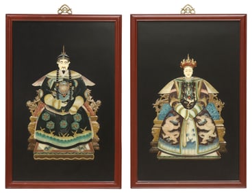 (2) CHINESE PAINTED & SOAPSTONE-MOUNTED ANCESTRAL PORTRAIT WALL PANELS