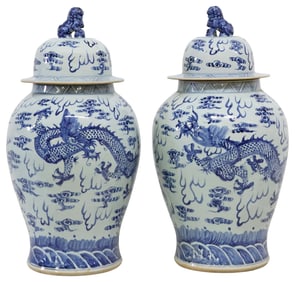 (2) LARGE CHINESE BLUE & WHITE PORCELAIN VASES & COVERS, 27.25"H