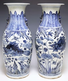 (2) LARGE CHINESE BLUE & WHITE PORCELAIN AQUATIC BALUSTER VASES, 24"H