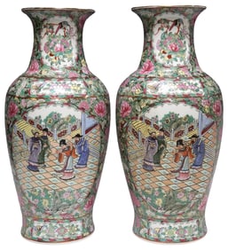 (2) CHINESE CANTON ROSE PORCELAIN BALUSTER VASES, 19"H