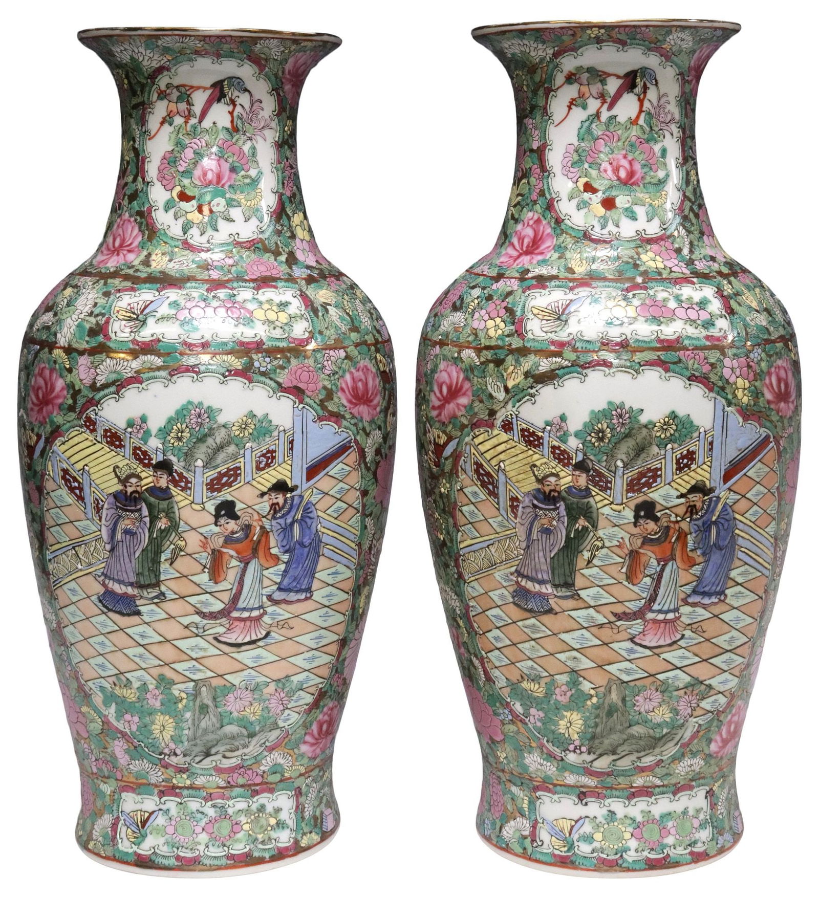 (2) CHINESE CANTON ROSE PORCELAIN BALUSTER VASES, 19"H (1 of 3)