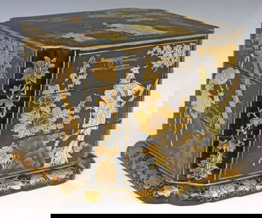 CHINESE EXPORT PARCEL-GILT BLACK LACQUER STACKING WEDDING BASKET: Chinese export black lacquered wedding basket, comprised of three stacking tiers, the lid with parcel-gilt scene of Shouxing and boy with giant peach, sides with various flora and fauna including cran